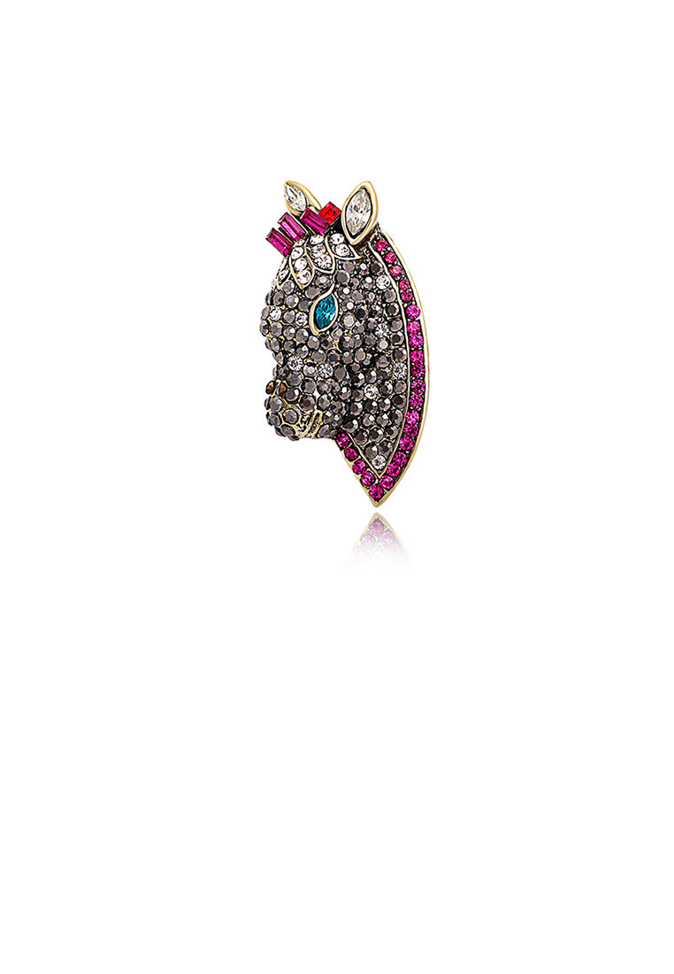 Fashion Brilliant Plated Gold Horse Head Brooch with Pink Cubic Zirconia - Luxurious Look - Vibrant Color