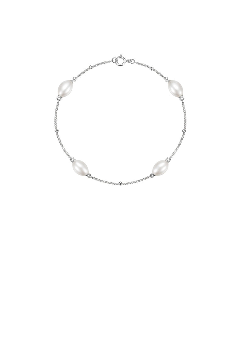 925 Sterling Silver Simple and Elegant Imitation Pearl Chain Bracelet - Luxurious Look