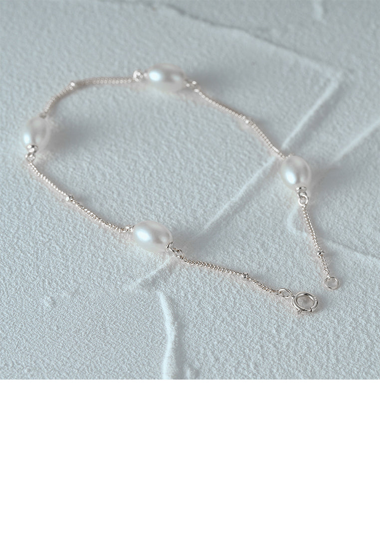 925 Sterling Silver Simple and Elegant Imitation Pearl Chain Bracelet - Luxurious Look
