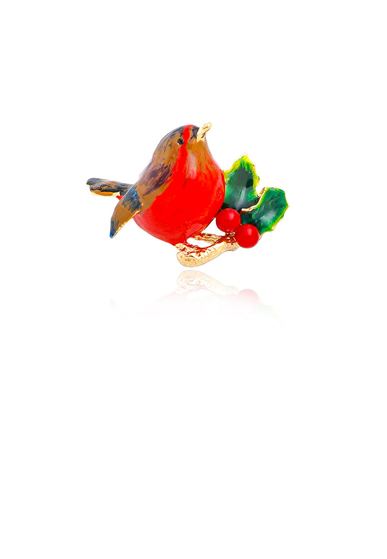 Simple and Fashion Plated Gold Enamel Red Bird Brooch - Vibrant Color