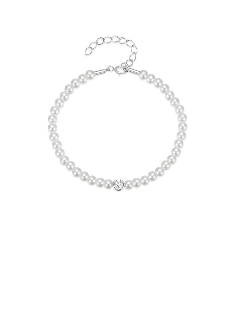 925 Sterling Silver Fashion Elegant Geometric Imitation Pearl Bead Bracelet with Cubic Zirconia - Luxurious Look