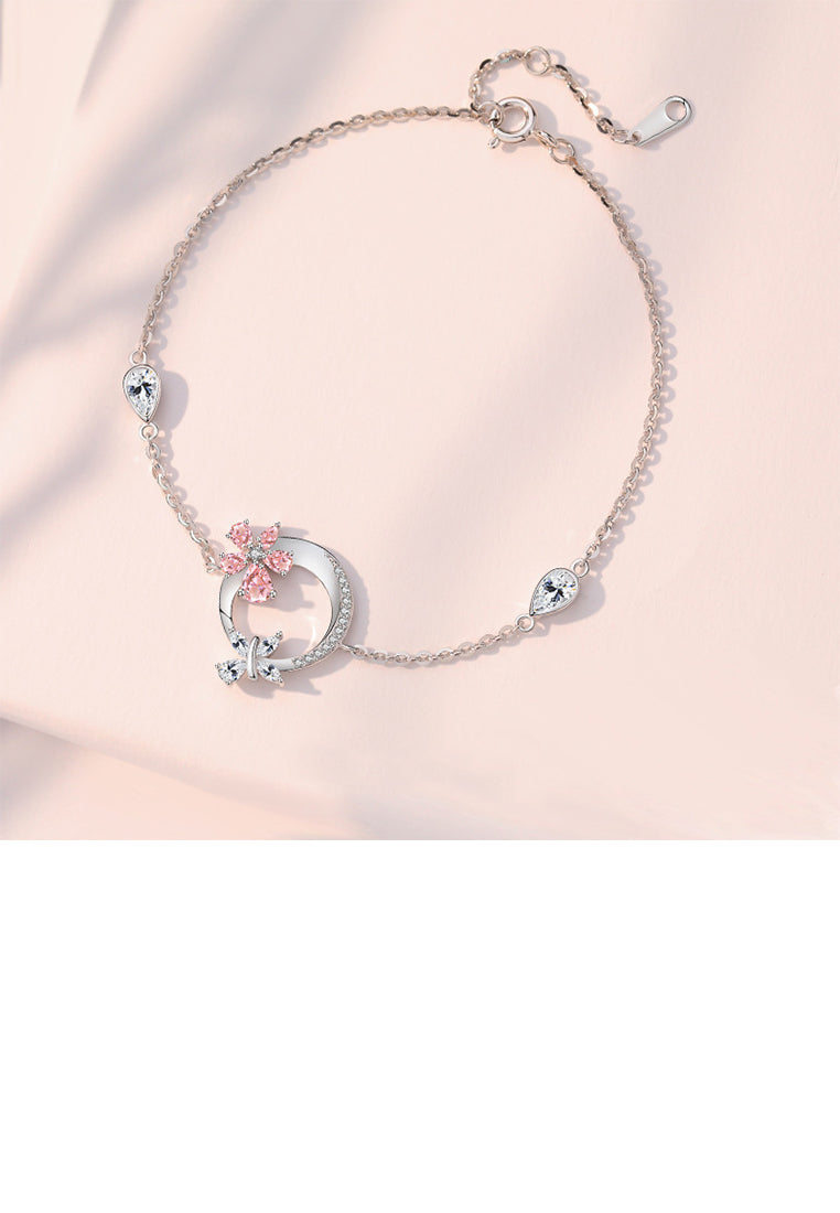 925 Sterling Silver Fashion and Elegant Cherry Blossom Circle Bracelet with Cubic Zirconia - Luxurious Look