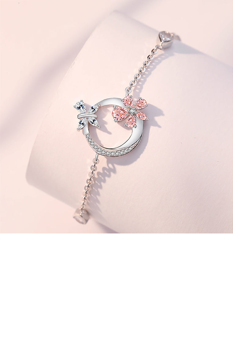 925 Sterling Silver Fashion and Elegant Cherry Blossom Circle Bracelet with Cubic Zirconia - Luxurious Look