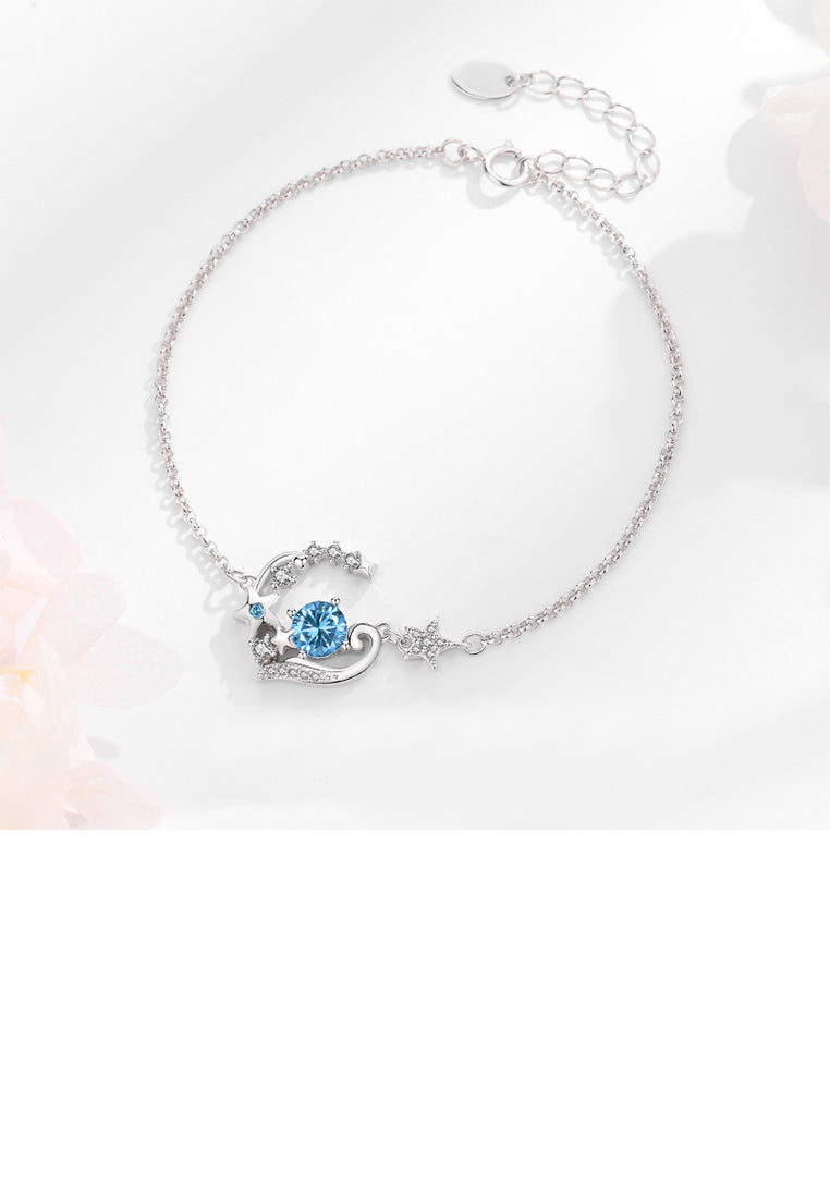 925 Sterling Silver Fashion Simple Star Heart Bracelet with Blue Cubic Zirconia - Luxurious Look