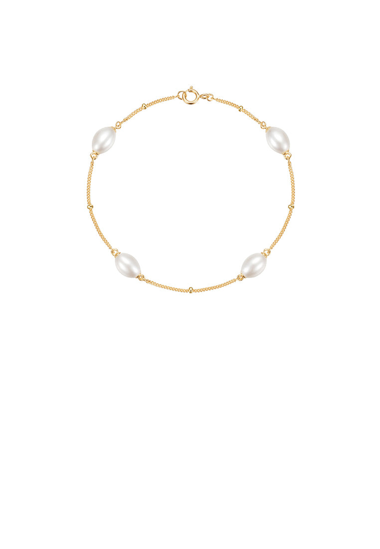 925 Sterling Silver Plated Gold Simple and Elegant Imitation Pearl Chain Bracelet - Luxurious Look