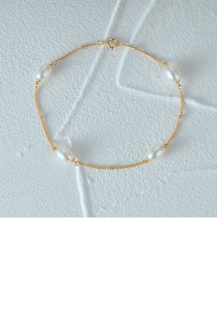 925 Sterling Silver Plated Gold Simple and Elegant Imitation Pearl Chain Bracelet - Luxurious Look