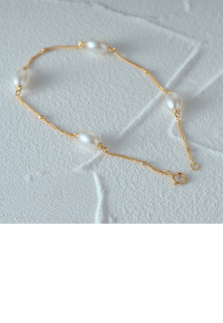 925 Sterling Silver Plated Gold Simple and Elegant Imitation Pearl Chain Bracelet - Luxurious Look