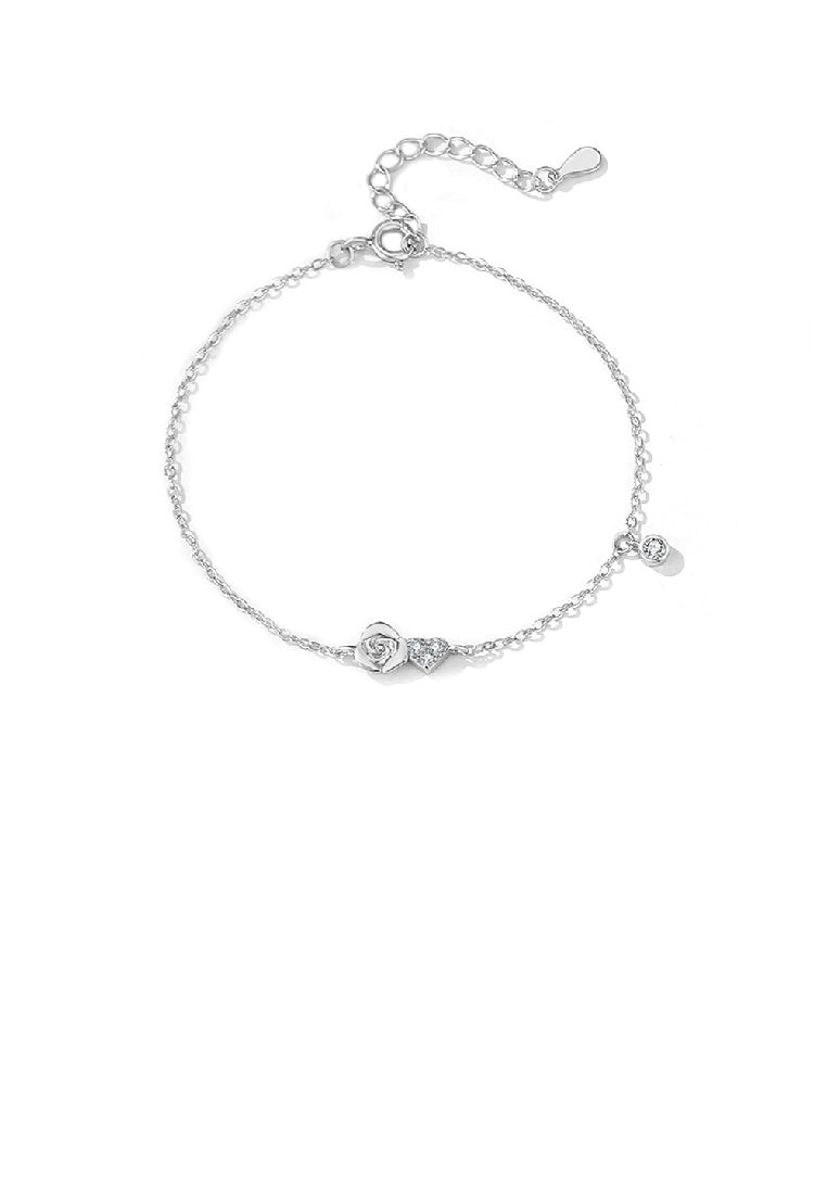 925 Sterling Silver Simple Romantic Heart Rose Bracelet with Cubic Zirconia - Luxurious Look