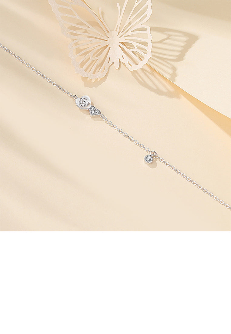 925 Sterling Silver Simple Romantic Heart Rose Bracelet with Cubic Zirconia - Luxurious Look