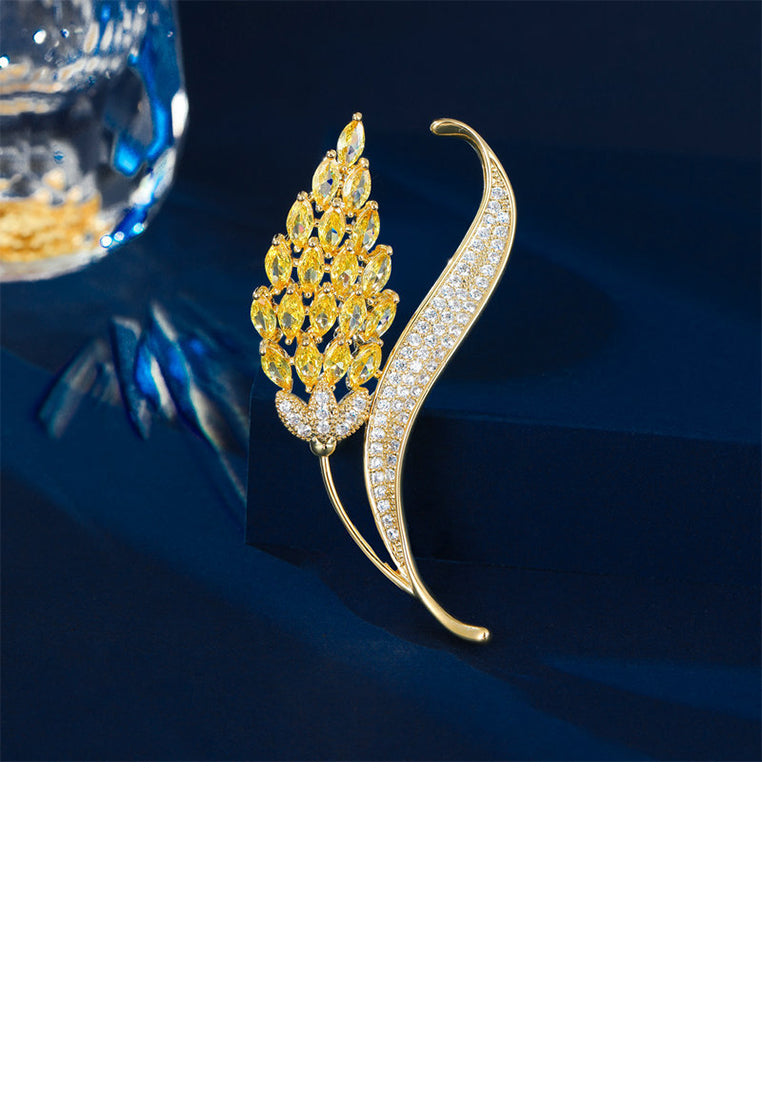 Elegant Brilliant Plated Gold Flower Brooch with Yellow Cubic Zirconia - Luxurious Look