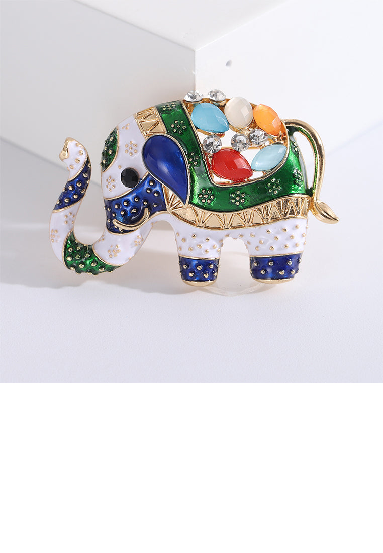 Fashion Vintage Plated Gold Exotic Enamel Colorful Elephant Brooch with Cubic Zirconia - Luxurious Look