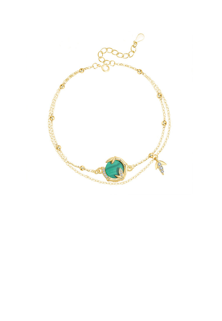 925 Sterling Silver Plated Gold Fashion Simple Bamboo Leaf Double Layer Bracelet with Cubic Zirconia - Luxurious Look