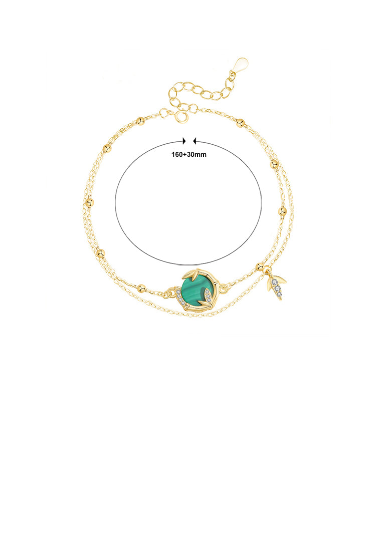 925 Sterling Silver Plated Gold Fashion Simple Bamboo Leaf Double Layer Bracelet with Cubic Zirconia - Luxurious Look