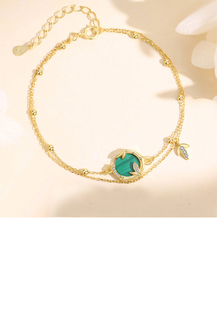 925 Sterling Silver Plated Gold Fashion Simple Bamboo Leaf Double Layer Bracelet with Cubic Zirconia - Luxurious Look