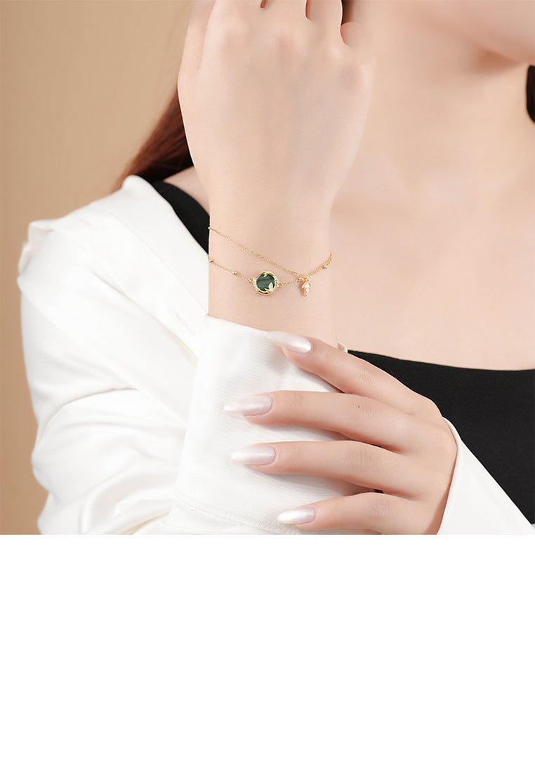 925 Sterling Silver Plated Gold Fashion Simple Bamboo Leaf Double Layer Bracelet with Cubic Zirconia - Luxurious Look