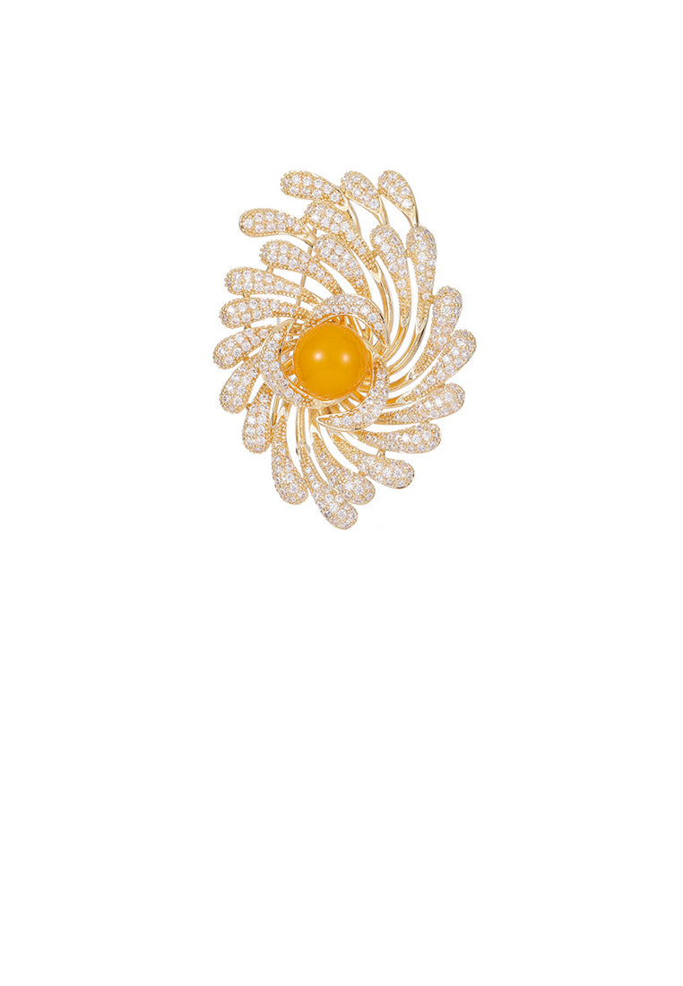 Elegant Brilliant Plated Gold Flower Imitation Pearl Brooch with Cubic Zirconia - Luxurious Look