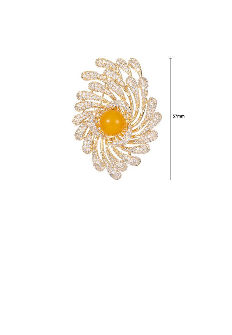 Elegant Brilliant Plated Gold Flower Imitation Pearl Brooch with Cubic Zirconia - Luxurious Look