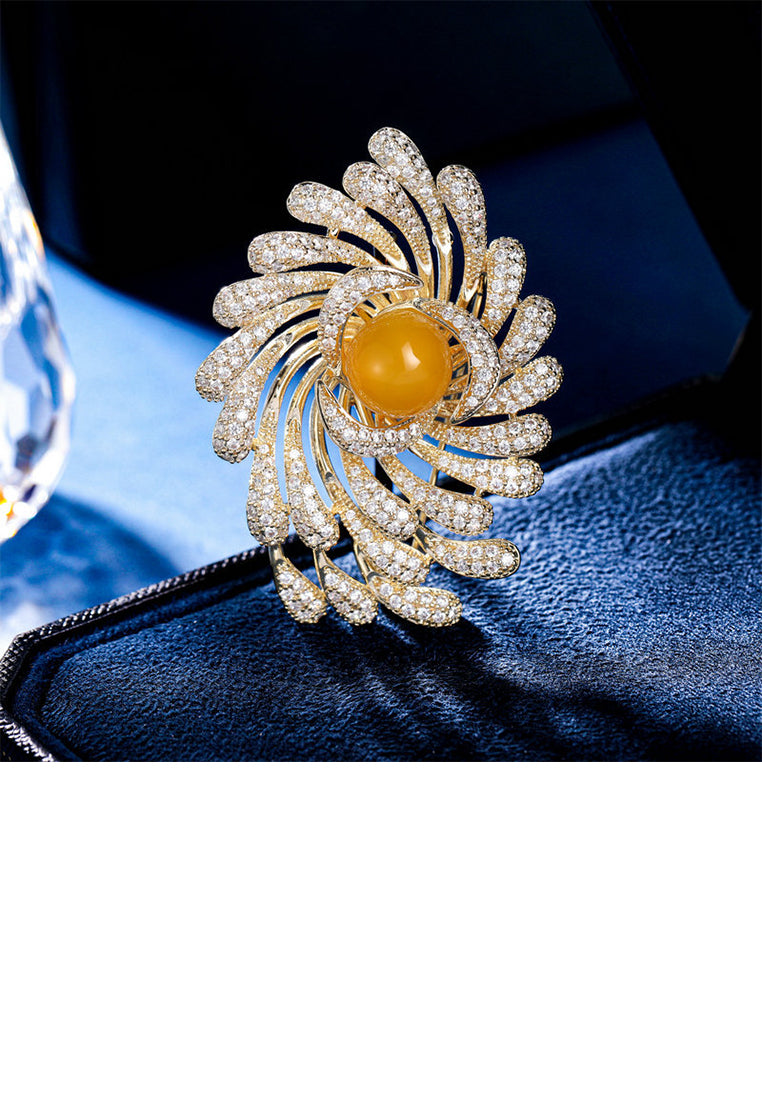 Elegant Brilliant Plated Gold Flower Imitation Pearl Brooch with Cubic Zirconia - Luxurious Look