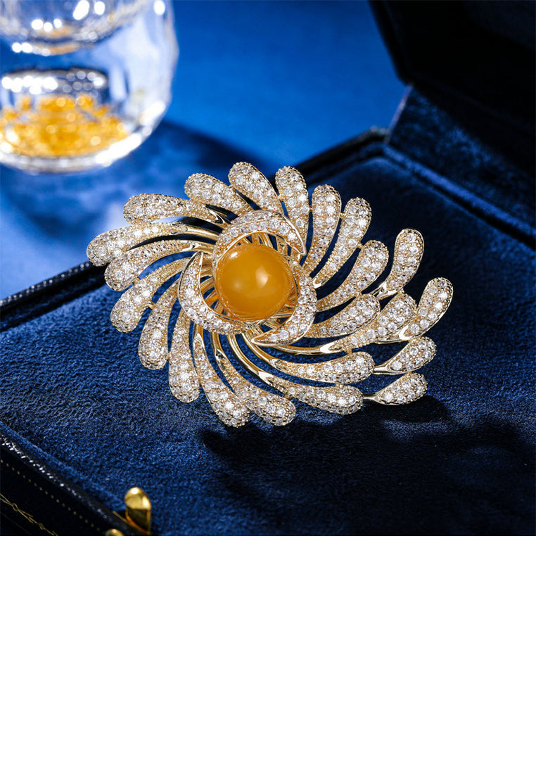Elegant Brilliant Plated Gold Flower Imitation Pearl Brooch with Cubic Zirconia - Luxurious Look