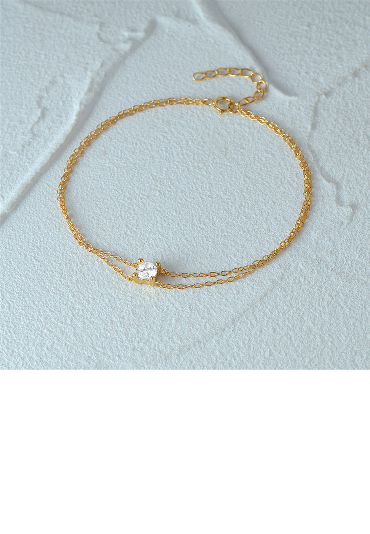 925 Sterling Silver Plated Gold Simple and Fashion Double Layer Geometric Bracelet with Cubic Zirconia - Luxurious Look