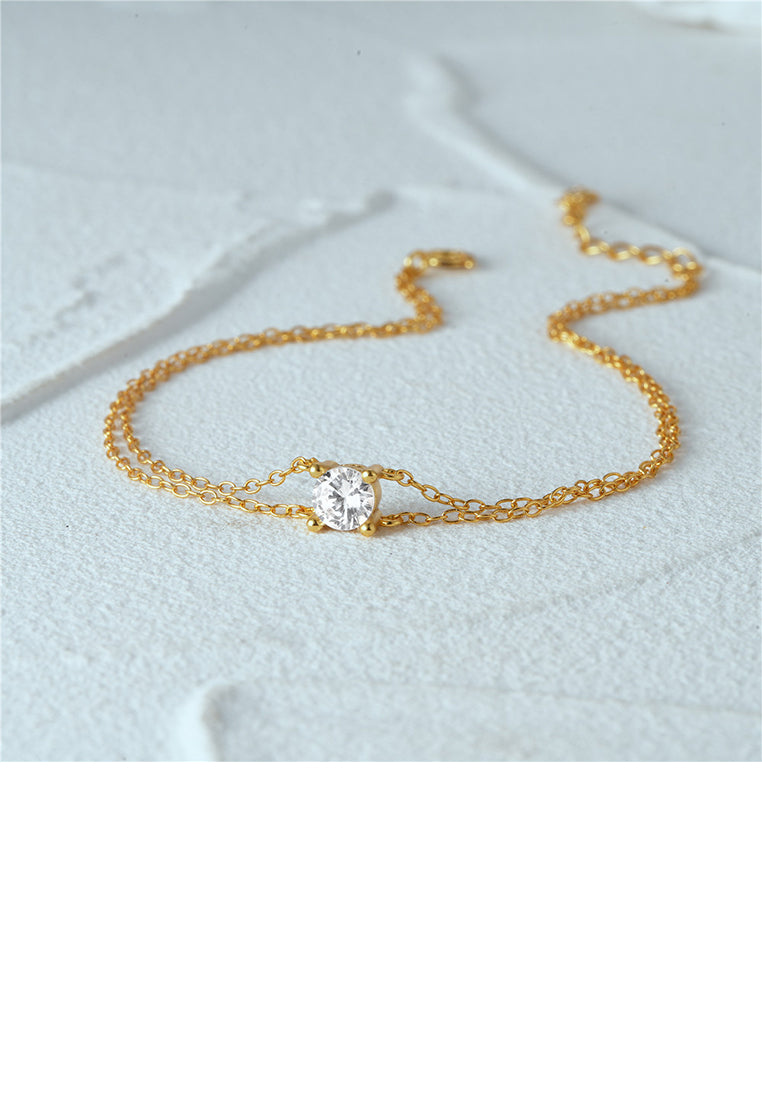 925 Sterling Silver Plated Gold Simple and Fashion Double Layer Geometric Bracelet with Cubic Zirconia - Luxurious Look