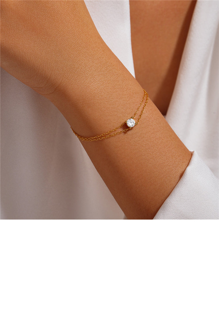 925 Sterling Silver Plated Gold Simple and Fashion Double Layer Geometric Bracelet with Cubic Zirconia - Luxurious Look