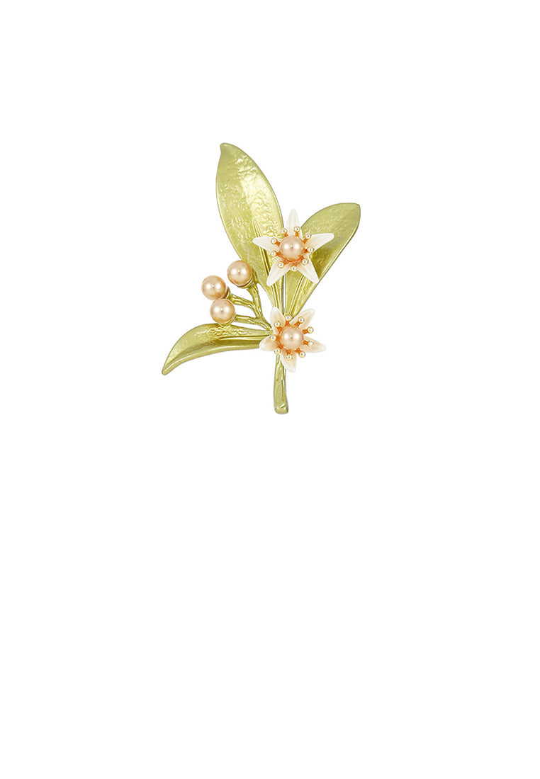 Fashion and Elegant Plated Gold Enamel Green Flower Brooch with Imitation Pearls