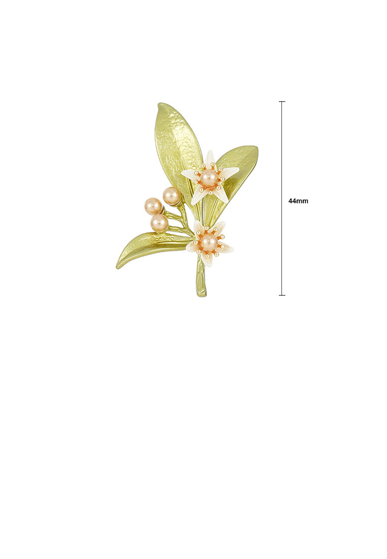Fashion and Elegant Plated Gold Enamel Green Flower Brooch with Imitation Pearls
