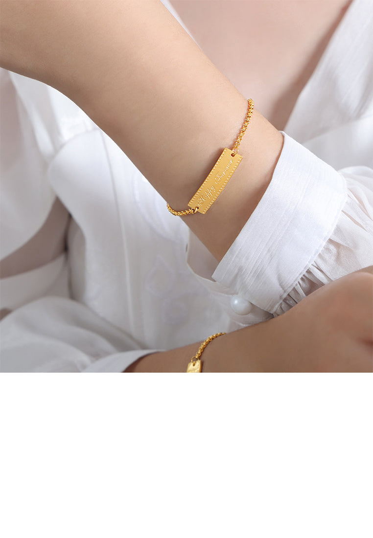 Fashion and Simple Plated Gold 316L Stainless Steel English Alphabet Geometric Rectangular Bracelet