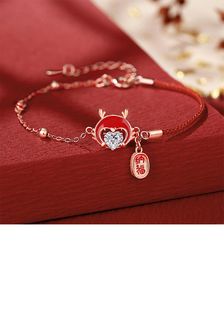 925 Sterling Silver Plated Rose Gold Fashion Enamel Chinese Zodiac Dragon Bracelet with Cubic Zirconia - Luxurious Look