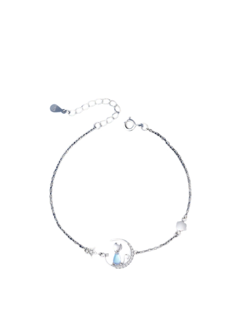 925 Sterling Silver Fashion Cute Cat Moon Moonstone Bracelet with Cubic Zirconia - Luxurious Look