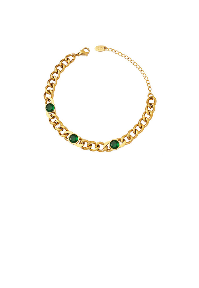 Fashion Simple Plated Gold 316L Stainless Steel Geometric Chain Bracelet with Green Cubic Zirconia - Luxurious Look