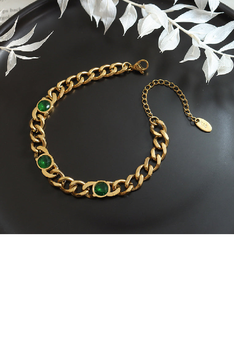 Fashion Simple Plated Gold 316L Stainless Steel Geometric Chain Bracelet with Green Cubic Zirconia - Luxurious Look