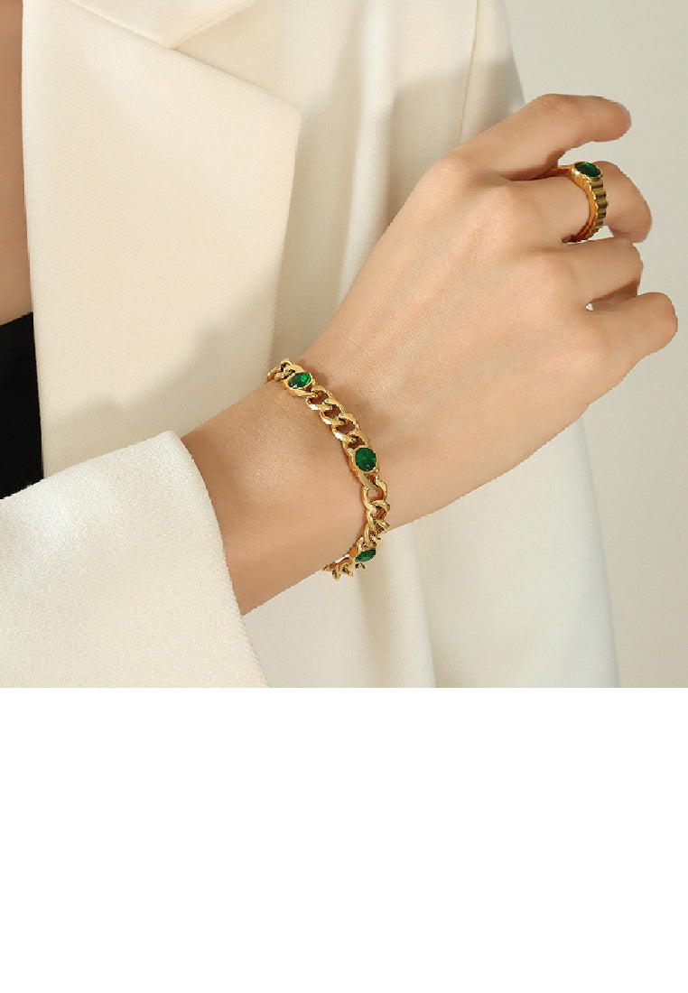 Fashion Simple Plated Gold 316L Stainless Steel Geometric Chain Bracelet with Green Cubic Zirconia - Luxurious Look