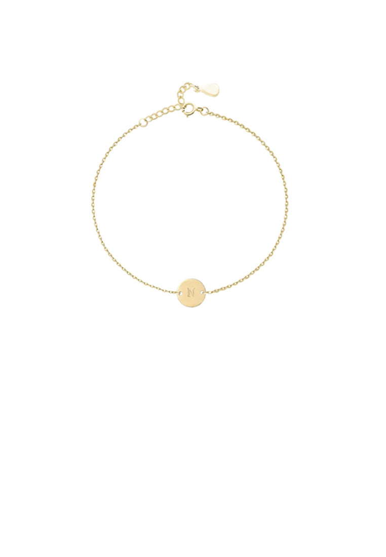 925 Sterling Silver Plated Gold Simple and Fashion Alphabet N Round Bracelet