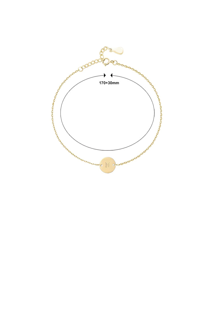 925 Sterling Silver Plated Gold Simple and Fashion Alphabet N Round Bracelet