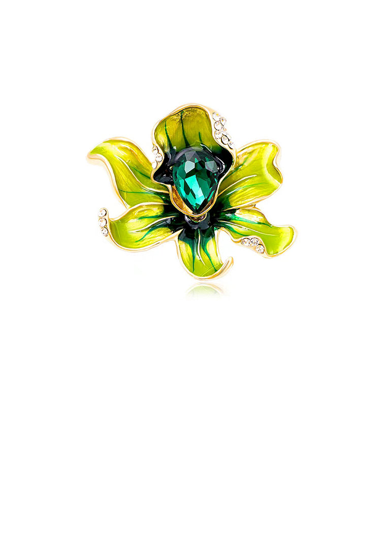Elegant and Fashion Plated Gold Enamel Green Peony Brooch with Cubic Zirconia - Luxurious Look