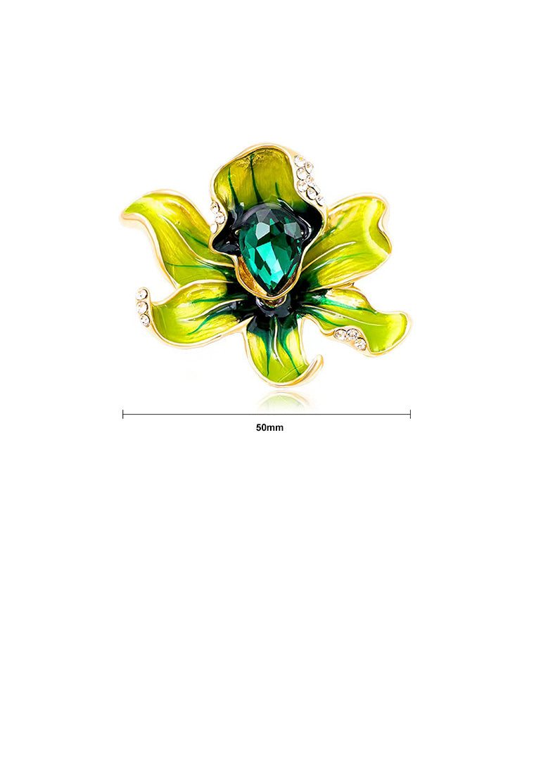 Elegant and Fashion Plated Gold Enamel Green Peony Brooch with Cubic Zirconia - Luxurious Look