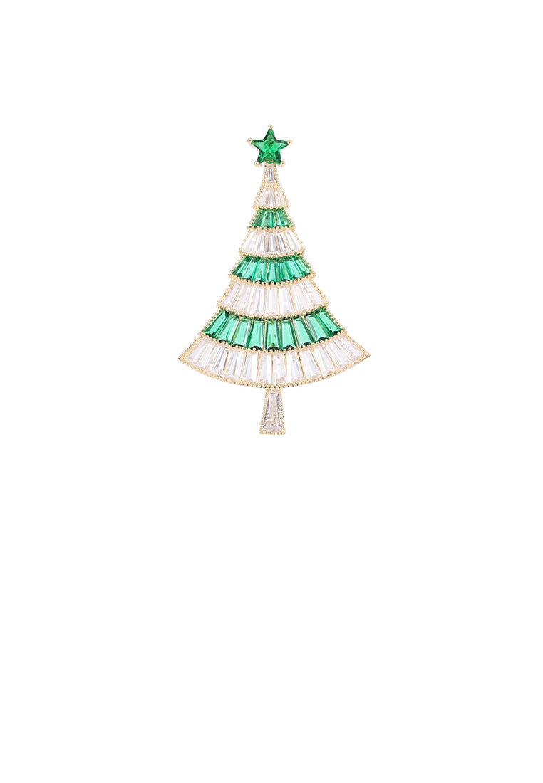 Simple Brilliant Plated Gold Christmas Tree Brooch with Cubic Zirconia - Luxurious Look