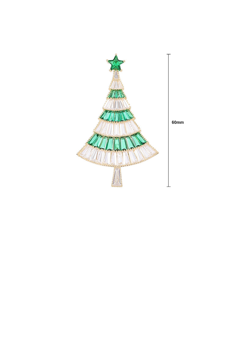 Simple Brilliant Plated Gold Christmas Tree Brooch with Cubic Zirconia - Luxurious Look