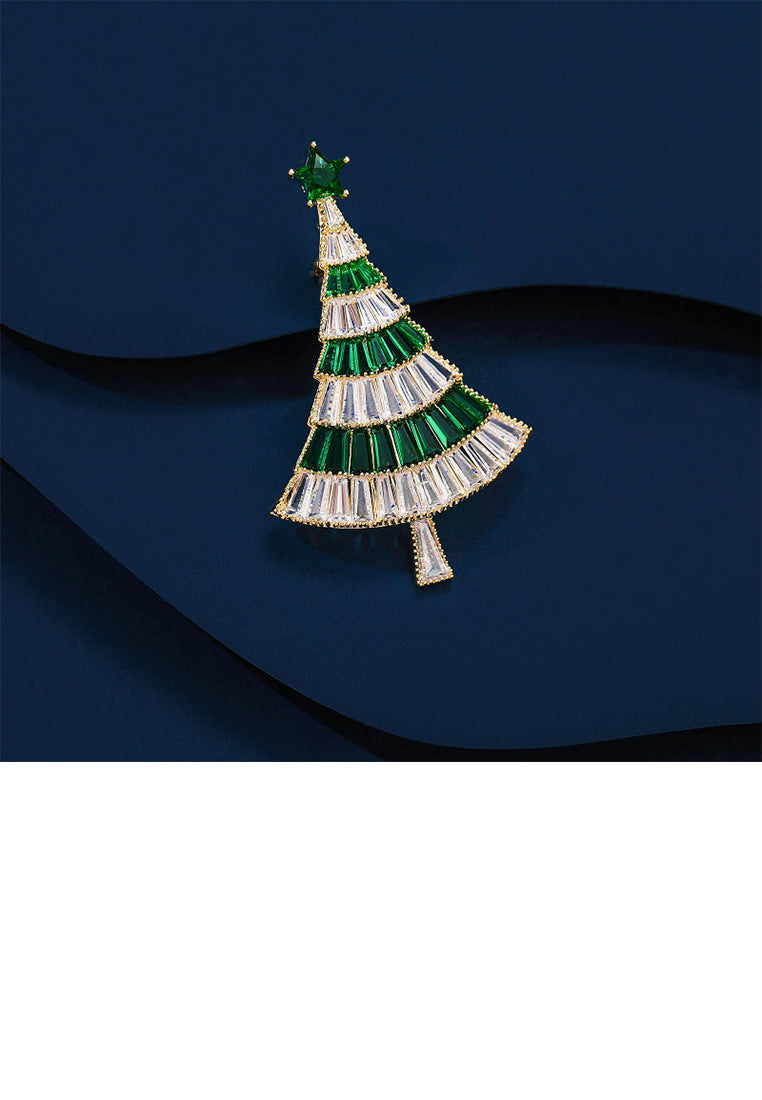 Simple Brilliant Plated Gold Christmas Tree Brooch with Cubic Zirconia - Luxurious Look