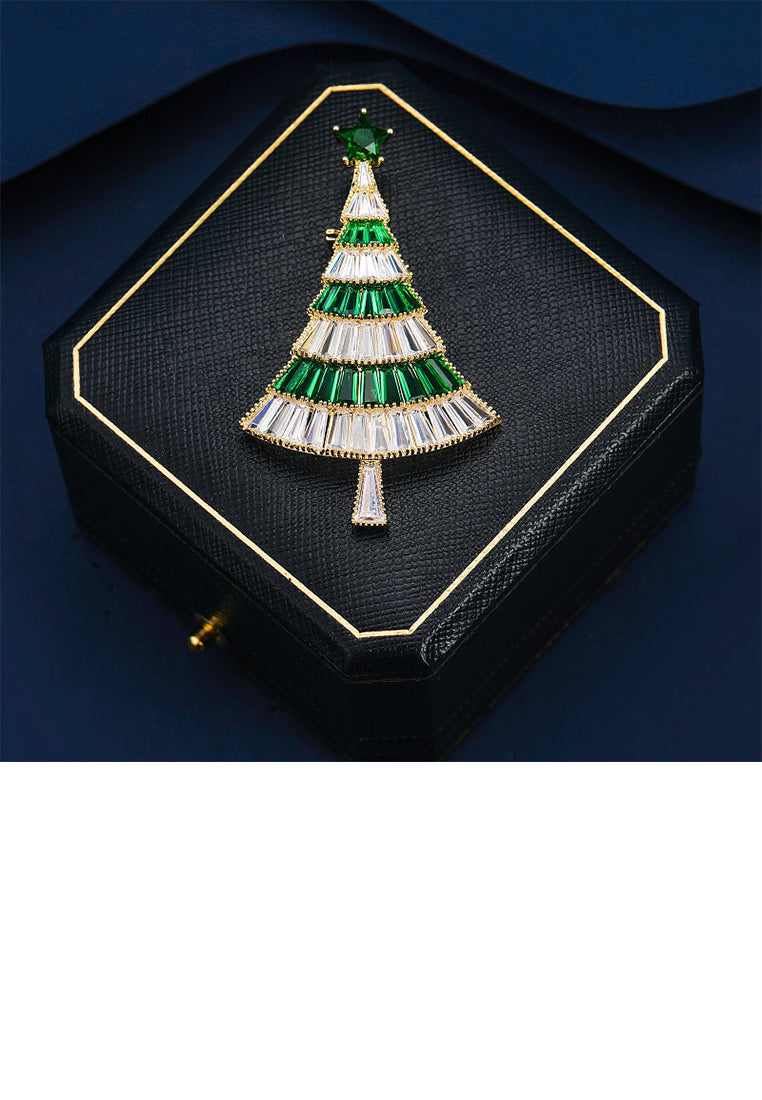 Simple Brilliant Plated Gold Christmas Tree Brooch with Cubic Zirconia - Luxurious Look