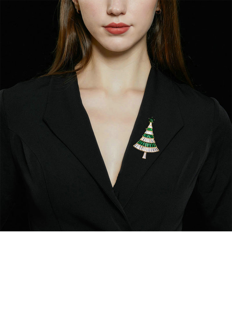 Simple Brilliant Plated Gold Christmas Tree Brooch with Cubic Zirconia - Luxurious Look