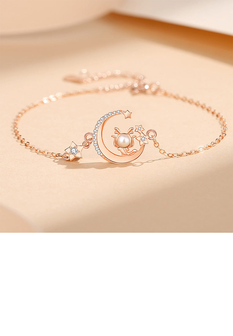 925 Sterling Silver Plated Rose Gold Fashion Dragon Moon Imitation Pearl Bracelet with Cubic Zirconia - Luxurious Look