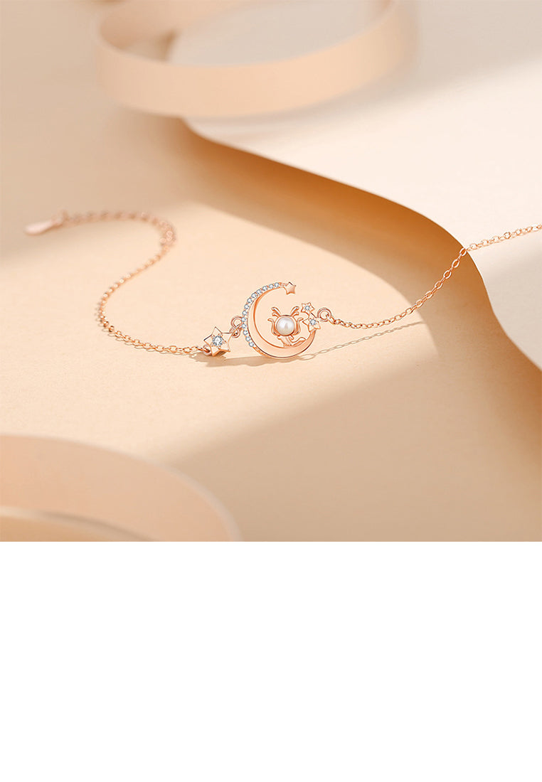 925 Sterling Silver Plated Rose Gold Fashion Dragon Moon Imitation Pearl Bracelet with Cubic Zirconia - Luxurious Look