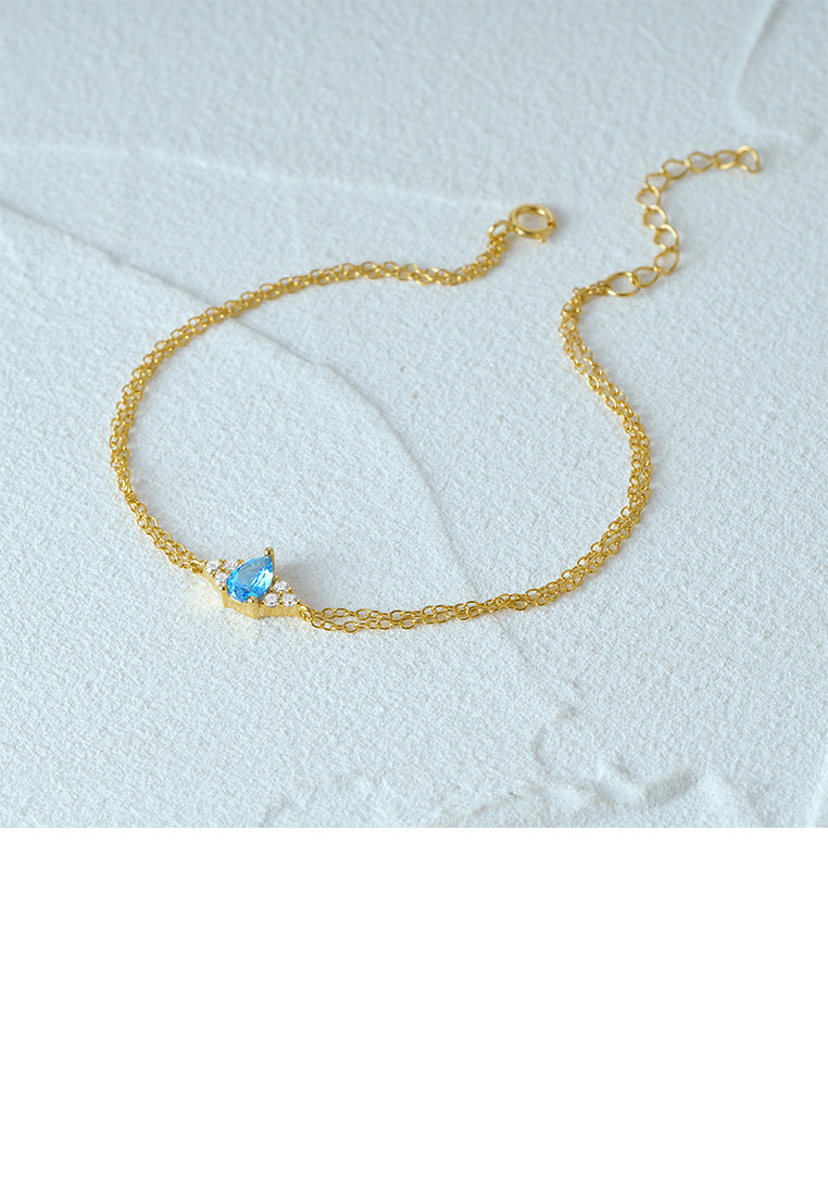 925 Sterling Silver Plated Gold Simple and Fashion Water Drop Geometric Double Layer Bracelet with Cubic Zirconia - Luxurious Look