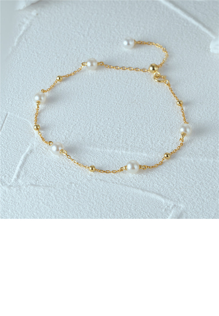 925 Sterling Silver Plated Gold Simple and Elegant Geometric Imitation Pearl Chain Bracelet - Luxurious Look