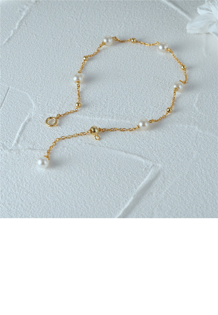 925 Sterling Silver Plated Gold Simple and Elegant Geometric Imitation Pearl Chain Bracelet - Luxurious Look