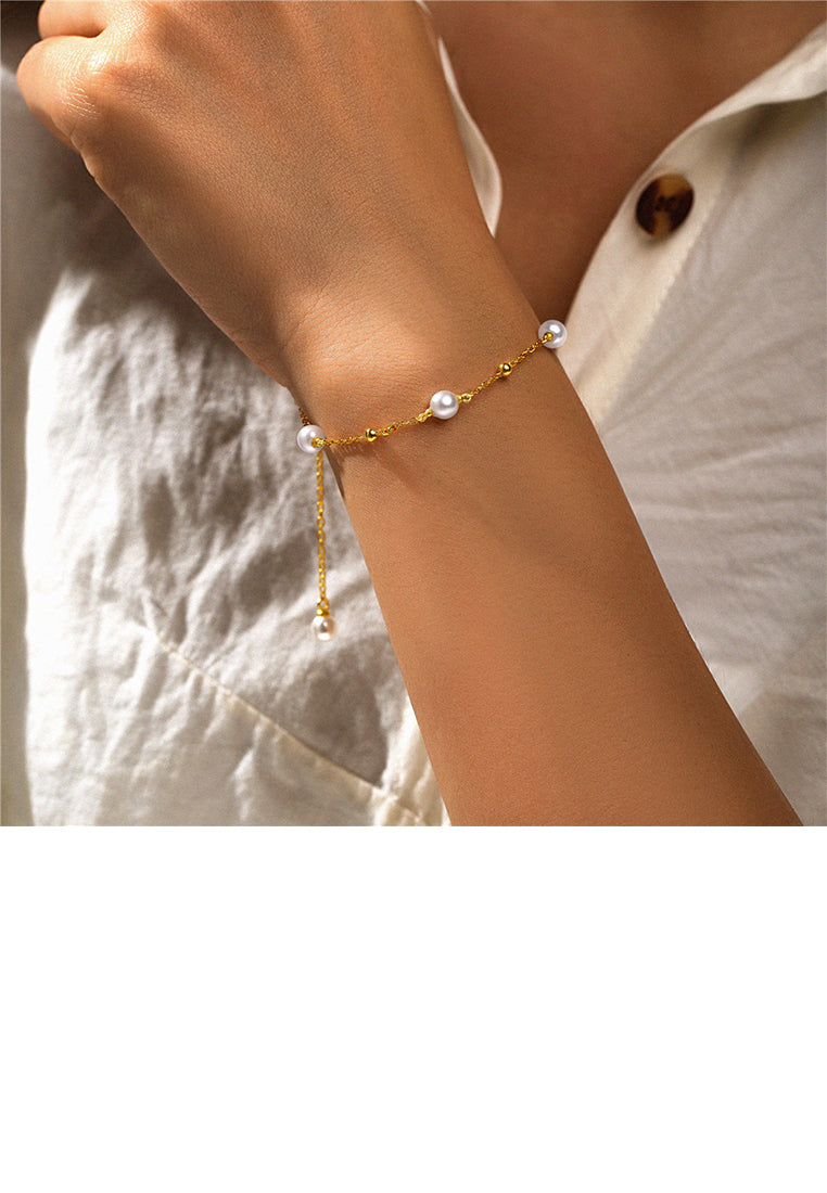 925 Sterling Silver Plated Gold Simple and Elegant Geometric Imitation Pearl Chain Bracelet - Luxurious Look