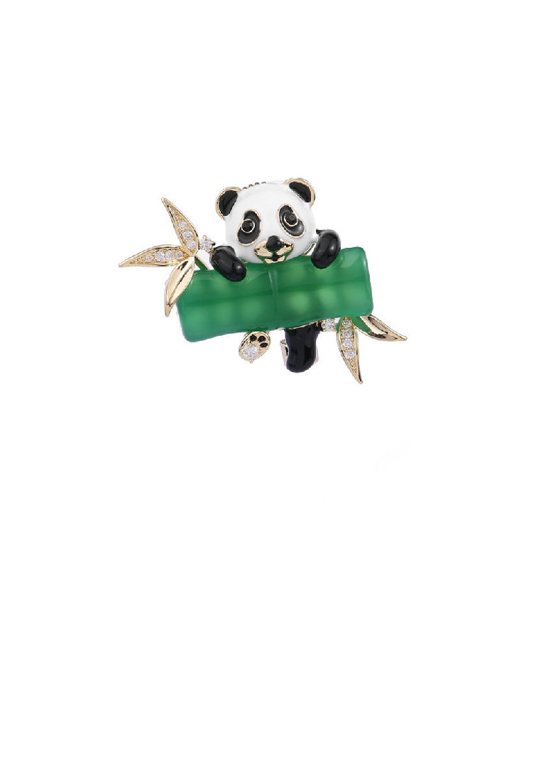 Fashion Cute Plated Gold Panda Bamboo Brooch with Cubic Zirconia - Luxurious Look